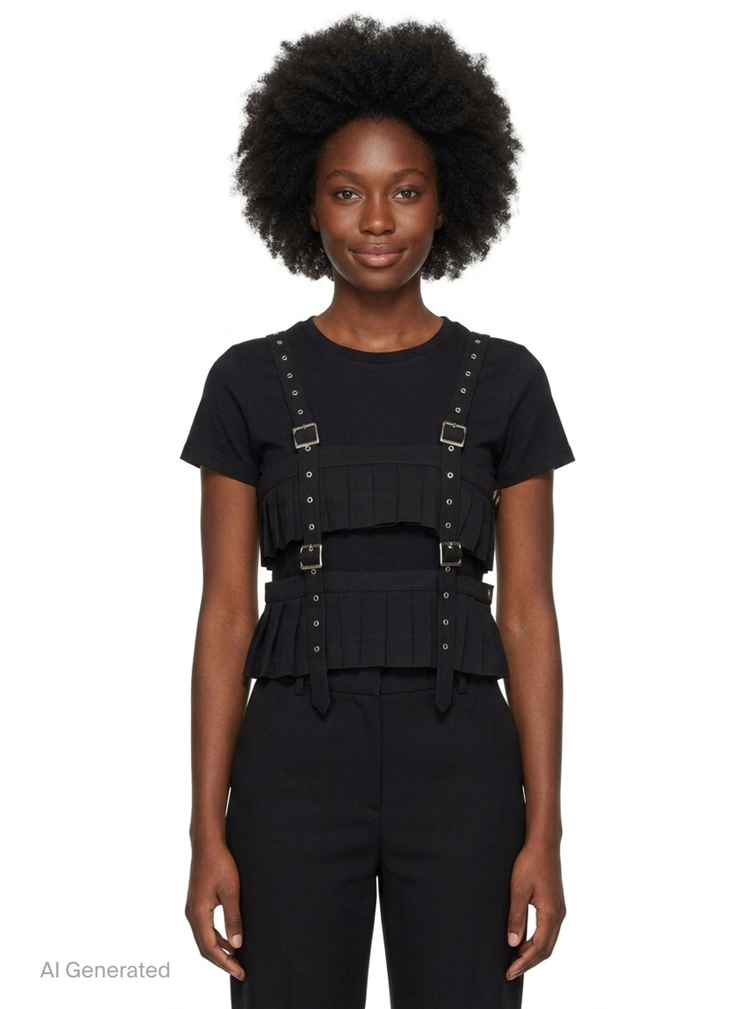 Noir Kei Ninomiya black polyester gabardine harness vest with knife-pleated panels, silver buckles, and studded shoulder straps on a white background - front