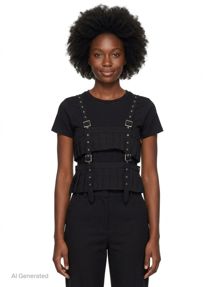 Noir Kei Ninomiya black polyester gabardine harness vest with knife-pleated panels, silver buckles, and studded shoulder straps on a white background - front