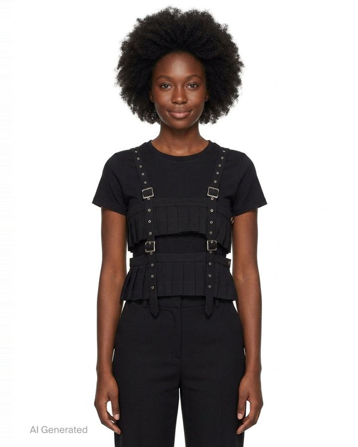 Noir Kei Ninomiya black polyester gabardine harness vest with knife-pleated panels, silver buckles, and studded shoulder straps on a white background - front