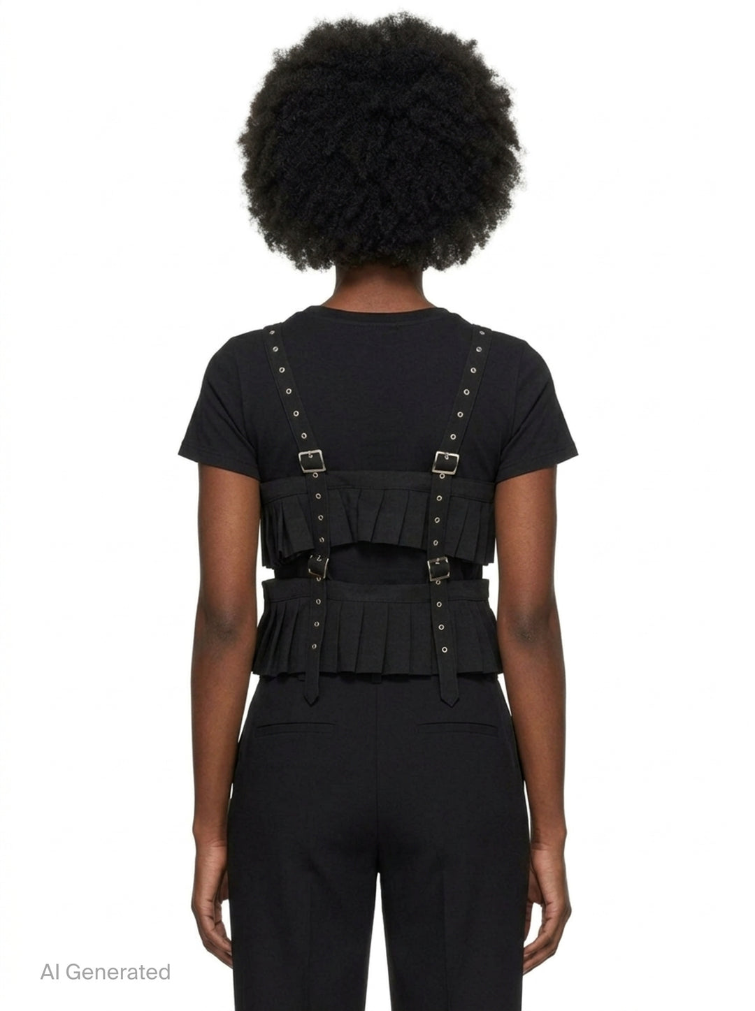 Noir Kei Ninomiya black polyester gabardine harness vest with knife-pleated panels, silver buckles, and studded shoulder straps on a white background - back