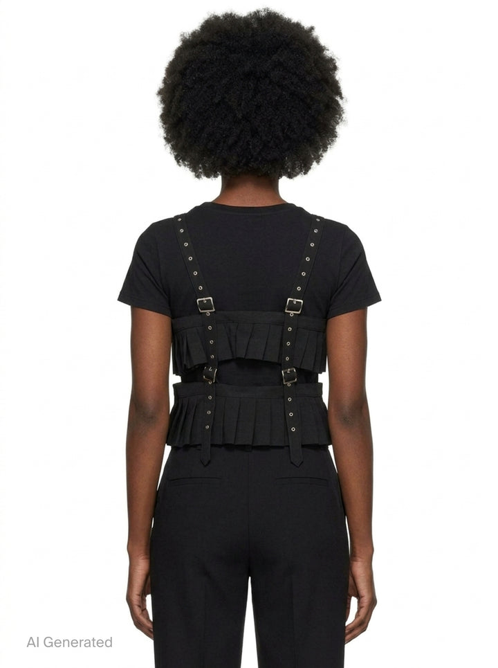 Noir Kei Ninomiya black polyester gabardine harness vest with knife-pleated panels, silver buckles, and studded shoulder straps on a white background - back