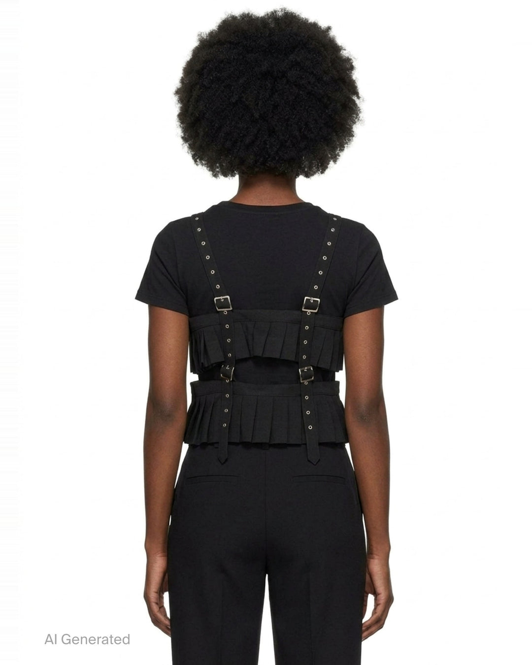 Noir Kei Ninomiya black polyester gabardine harness vest with knife-pleated panels, silver buckles, and studded shoulder straps on a white background - back