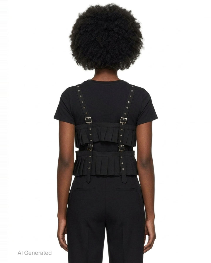 Noir Kei Ninomiya black polyester gabardine harness vest with knife-pleated panels, silver buckles, and studded shoulder straps on a white background - back