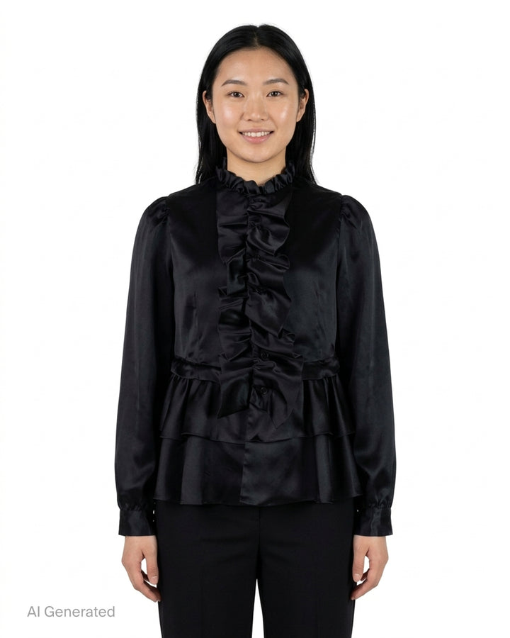 Noir Kei Ninomiya black satin blouse with ruffled stand collar, cascading ruffle placket, long sleeves and tiered peplum hem - front