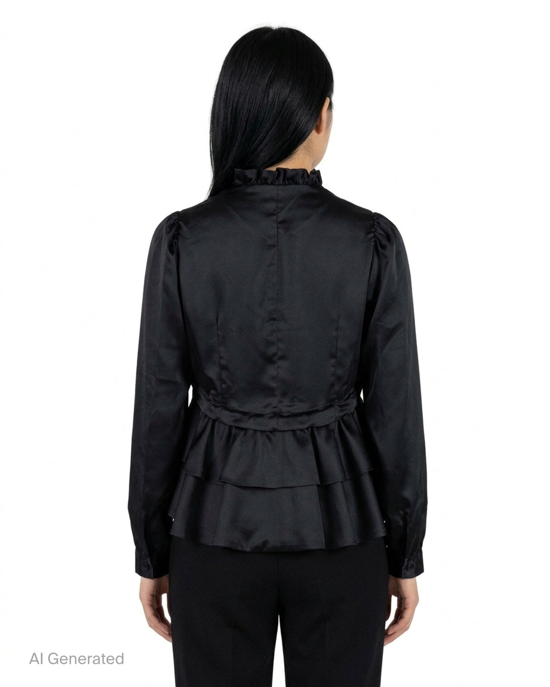 Noir Kei Ninomiya black satin blouse with ruffled stand collar, cascading ruffle placket, long sleeves and tiered peplum hem - back
