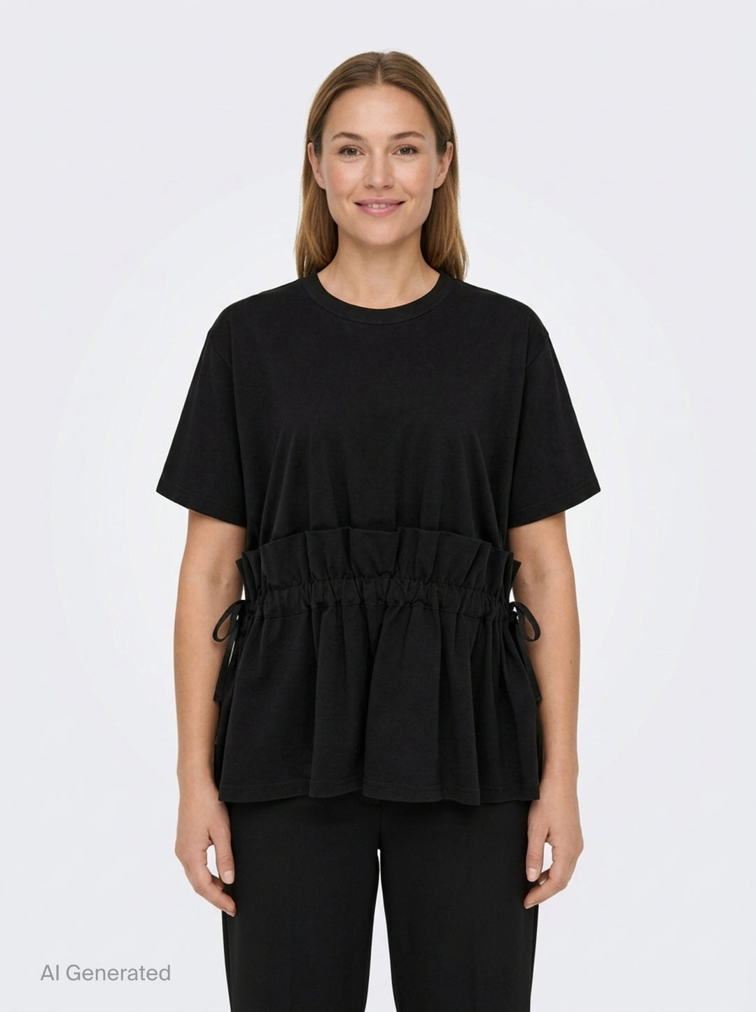 Noir Kei Ninomiya black short-sleeve cotton peplum tee with ruched gathered waistband, drawstring self-ties, and a tiered flared hem, shown flat on a white background - front