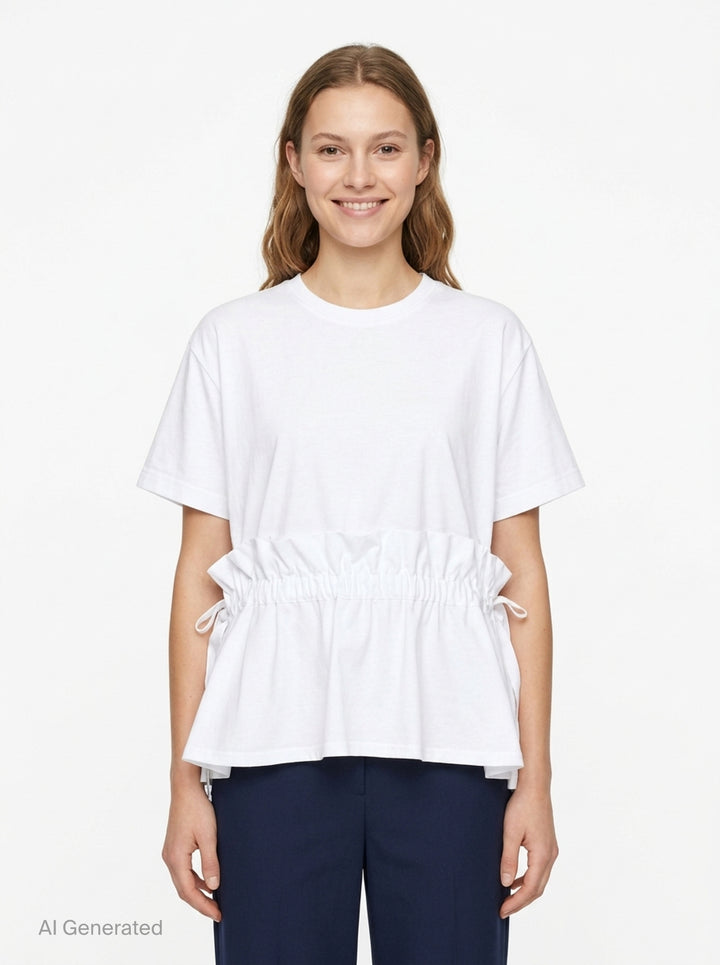 Noir Kei Ninomiya black short-sleeve cotton peplum tee with ruched gathered waistband, drawstring self-ties, and a tiered flared hem, shown flat on a white background - front