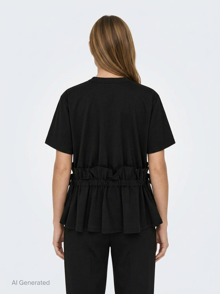 Noir Kei Ninomiya black short-sleeve cotton peplum tee with ruched gathered waistband, drawstring self-ties, and a tiered flared hem, shown flat on a white background - back