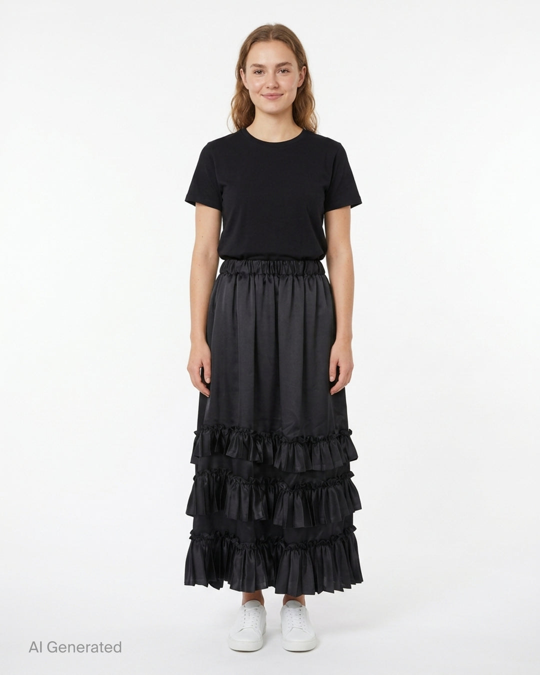 Black satin midi skirt with elasticated waist and three tiers of gathered ruffles at the hem by Noir Kei Ninomiya - front