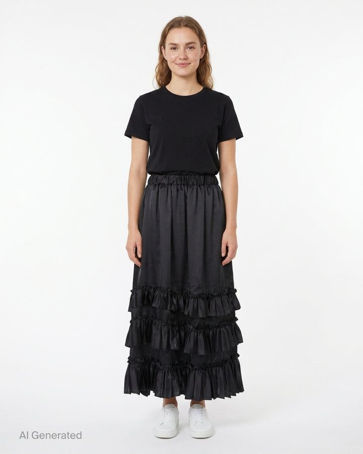 Black satin midi skirt with elasticated waist and three tiers of gathered ruffles at the hem by Noir Kei Ninomiya - front