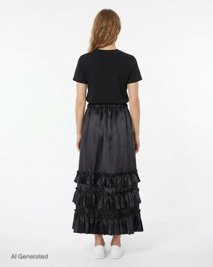 Black satin midi skirt with elasticated waist and three tiers of gathered ruffles at the hem by Noir Kei Ninomiya - back