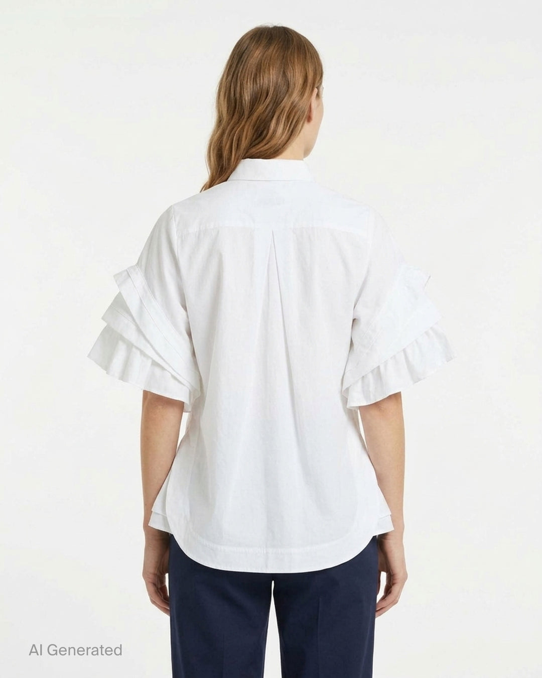 Noir Kei Ninomiya white cotton typewriter shirt with tiered pleated ruffle sleeves, pointed collar, button placket and curved flared hem - back