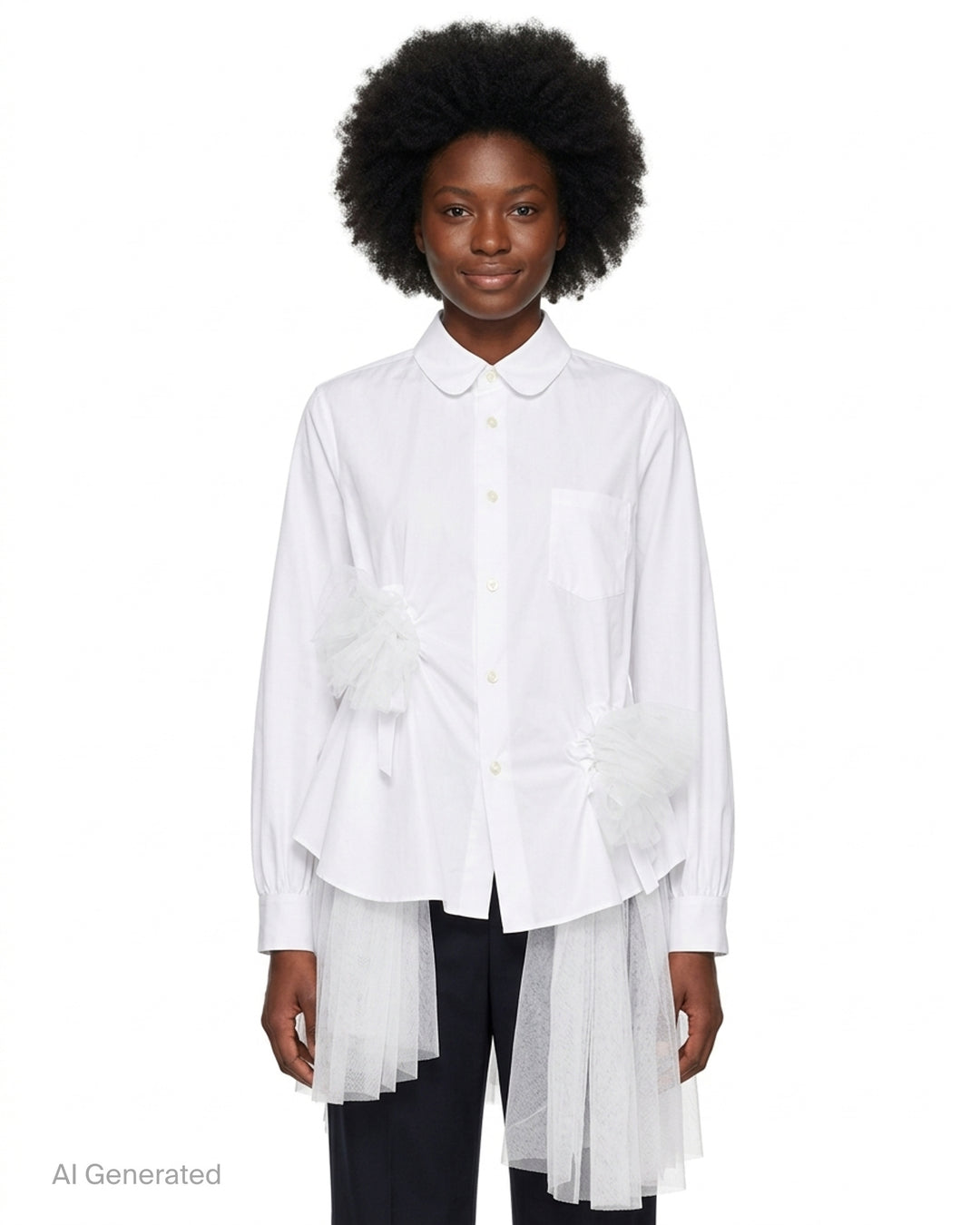 Noir Kei Ninomiya white button-up shirt with rounded collar, gathered tulle ruffle details at the waist and an asymmetric layered tulle hem - front