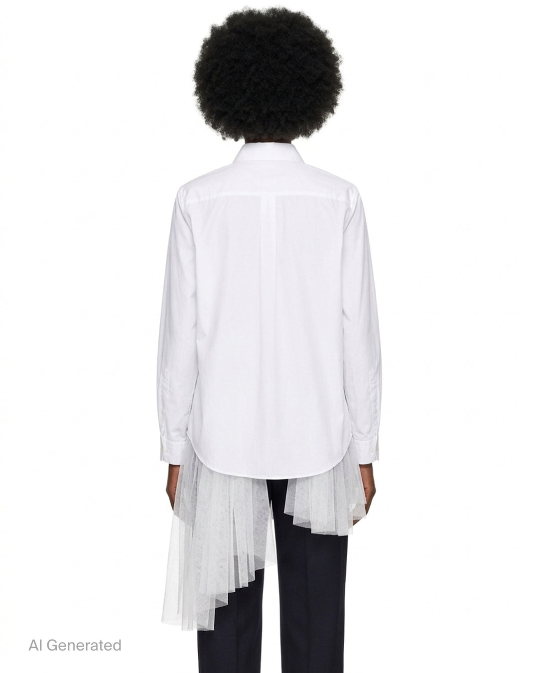Noir Kei Ninomiya white button-up shirt with rounded collar, gathered tulle ruffle details at the waist and an asymmetric layered tulle hem - back