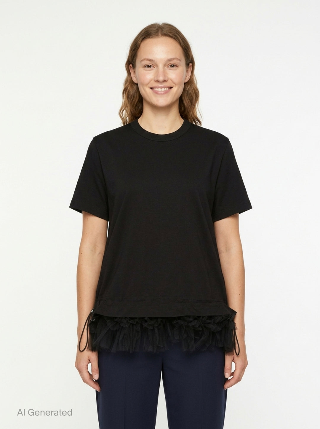 Noir Kei Ninomiya black cotton short sleeve crewneck tee with gathered tulle frill hem and drawstring waistband detail, flat lay on white background - front
