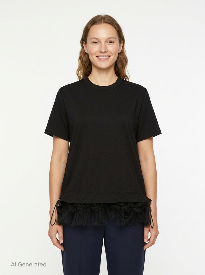 Noir Kei Ninomiya black cotton short sleeve crewneck tee with gathered tulle frill hem and drawstring waistband detail, flat lay on white background - front