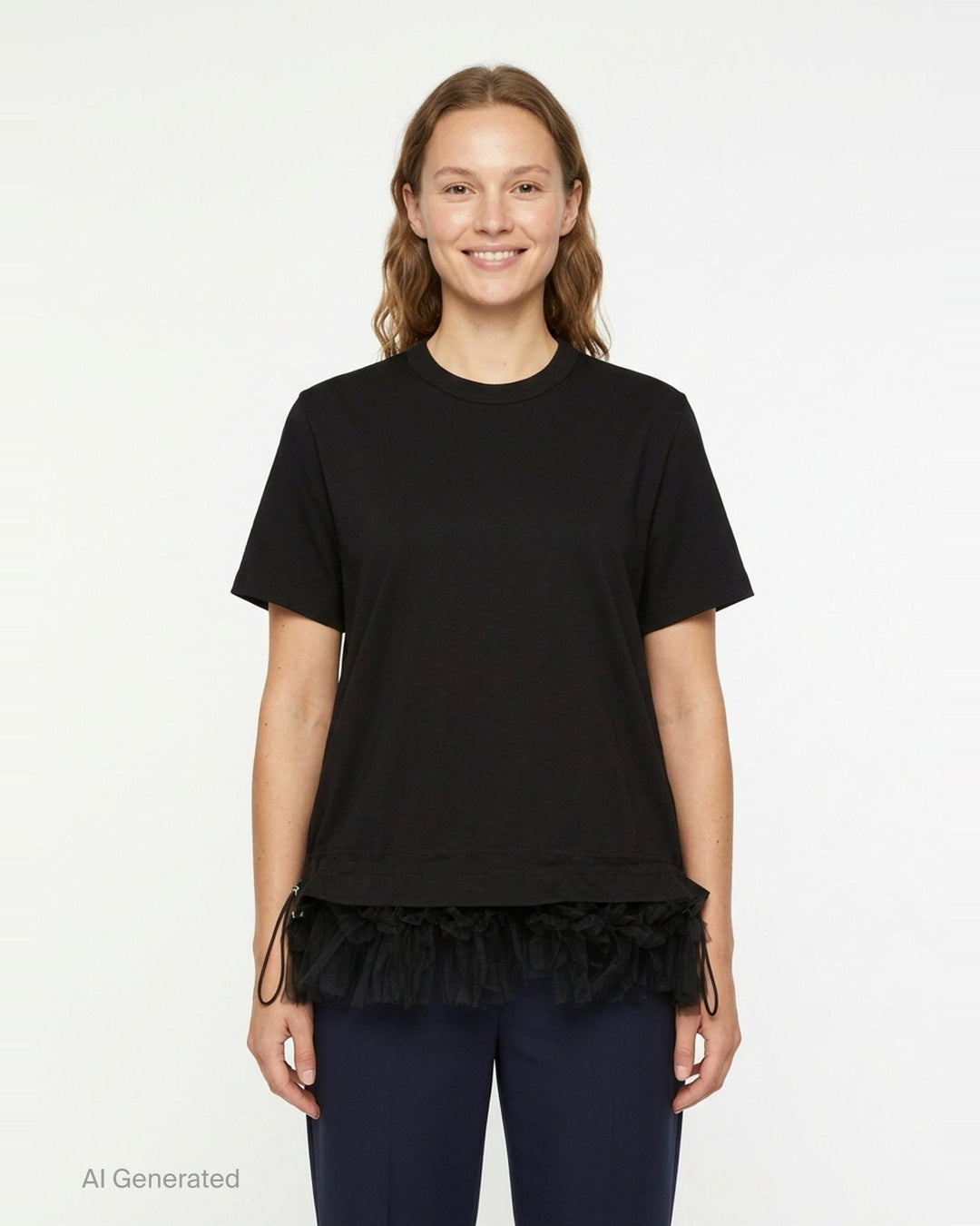 Noir Kei Ninomiya black cotton short sleeve crewneck tee with gathered tulle frill hem and drawstring waistband detail, flat lay on white background - front