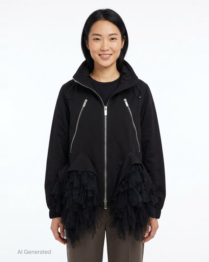 Noir Kei Ninomiya black oversized long sleeve jacket with high drawstring neck, silver zip closures, angled chest zip pockets, and layered black tulle ruffle hem, displayed flat on a white background - front