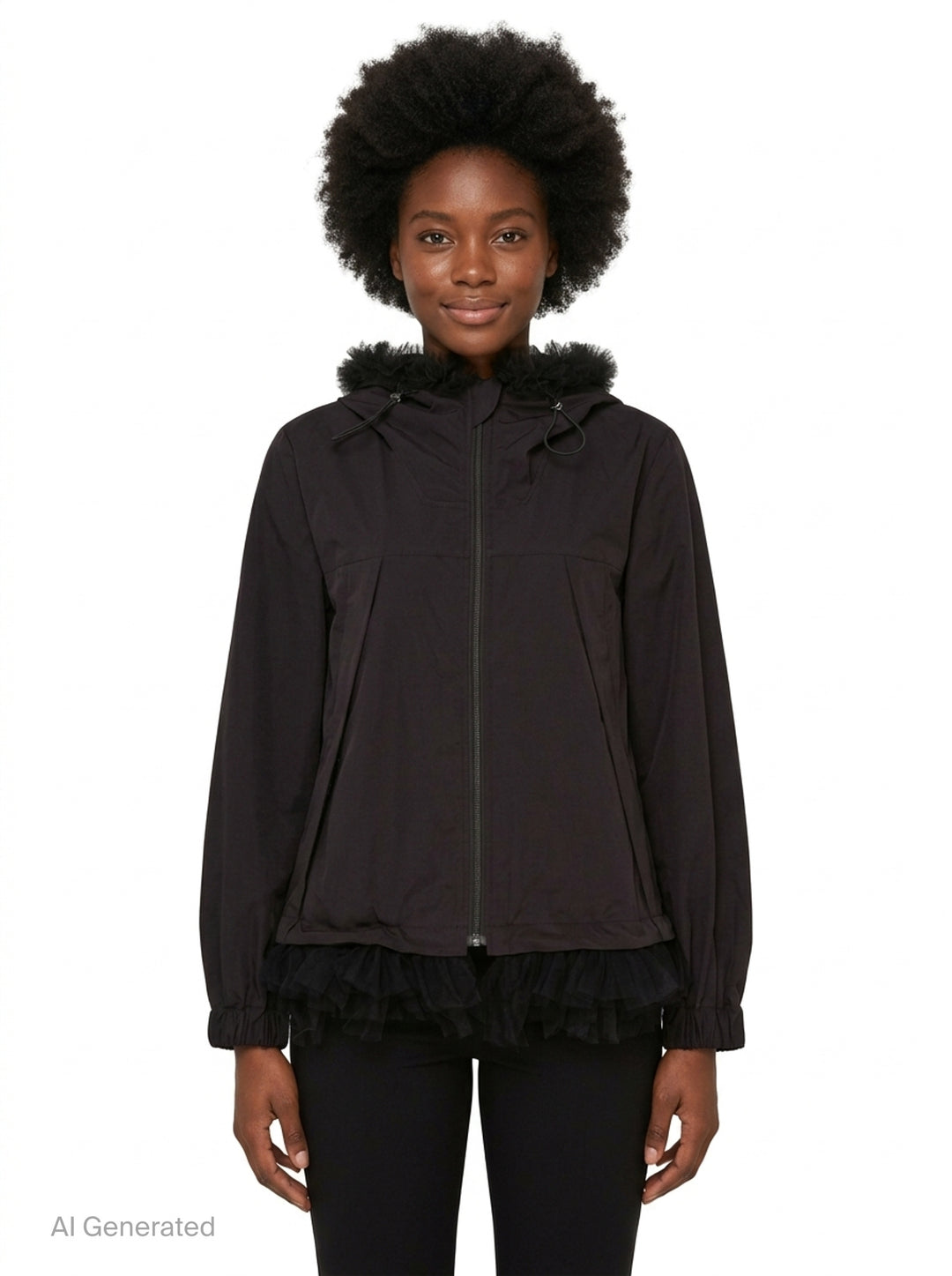 Noir Kei Ninomiya black long-sleeve hooded blouson with ruffled black tulle trim at the hood, cuffs, and hem, full-length zip closure and slanted side pockets - front