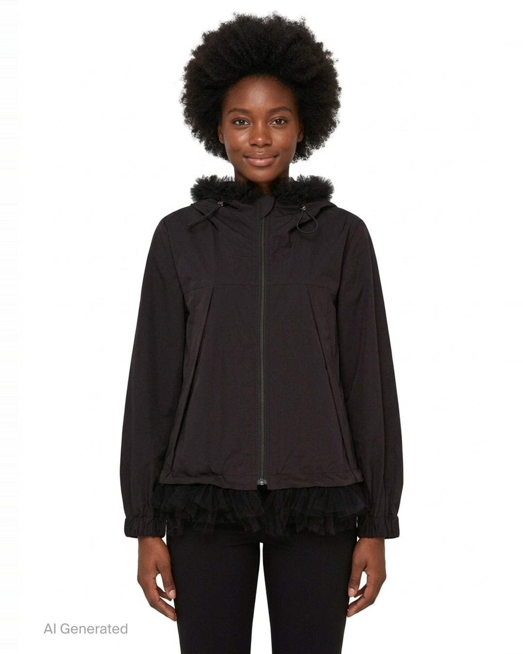 Noir Kei Ninomiya black long-sleeve hooded blouson with ruffled black tulle trim at the hood, cuffs, and hem, full-length zip closure and slanted side pockets - front