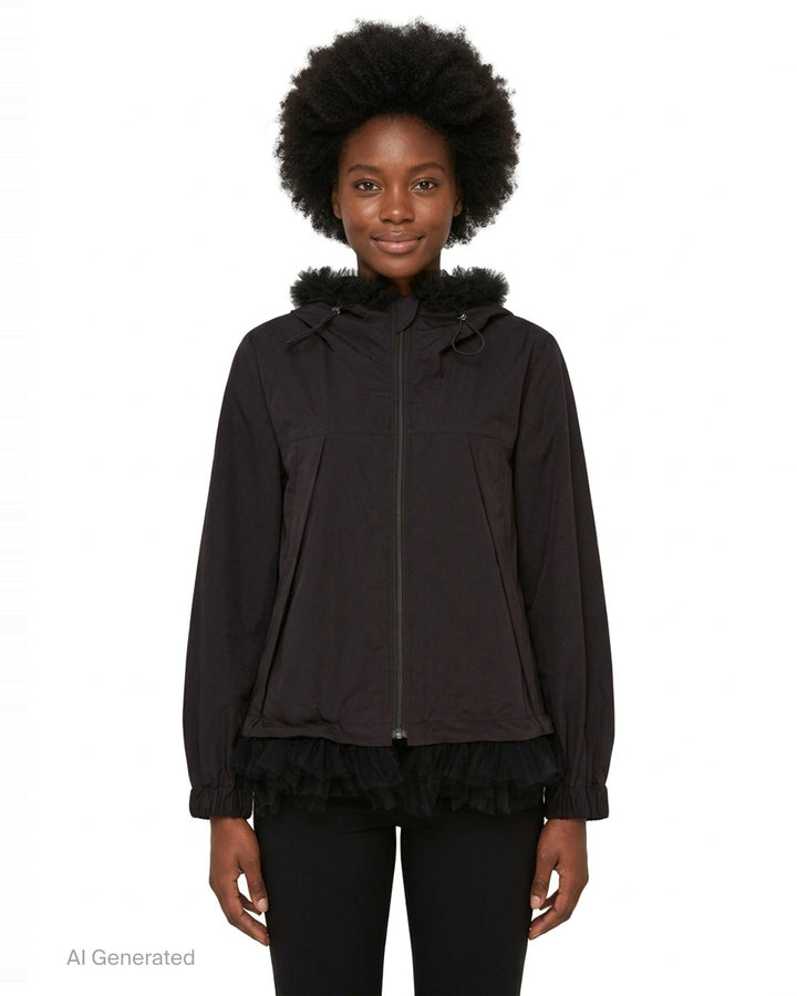 Noir Kei Ninomiya black long-sleeve hooded blouson with ruffled black tulle trim at the hood, cuffs, and hem, full-length zip closure and slanted side pockets - front