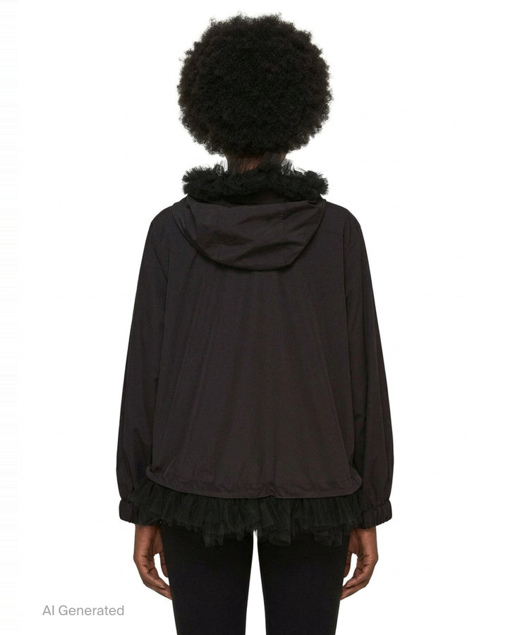 Noir Kei Ninomiya black long-sleeve hooded blouson with ruffled black tulle trim at the hood, cuffs, and hem, full-length zip closure and slanted side pockets - back