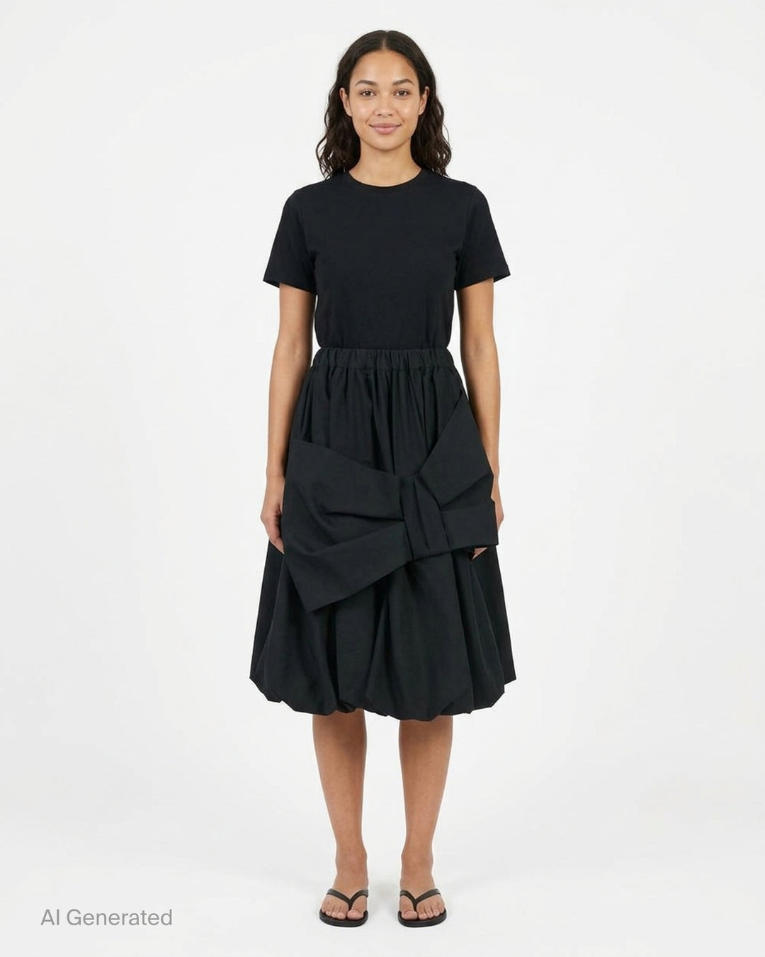 Noir Kei Ninomiya black wool doeskin midi skirt with an oversized sculptural bow, gathered elastic waist and bubble hem - front