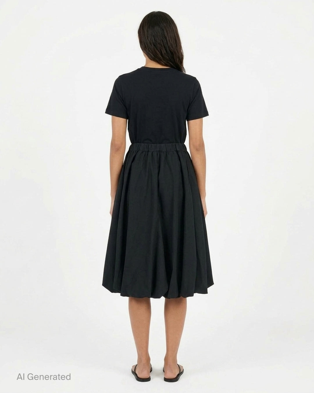 Noir Kei Ninomiya black wool doeskin midi skirt with an oversized sculptural bow, gathered elastic waist and bubble hem - back