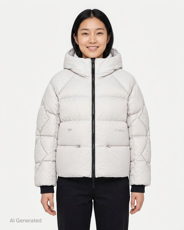 Open YY x Helinox Eclipse Heavy hooded puffer jacket in slate grey with star-quilted sleeves, two-way front zip and hem toggles - front
