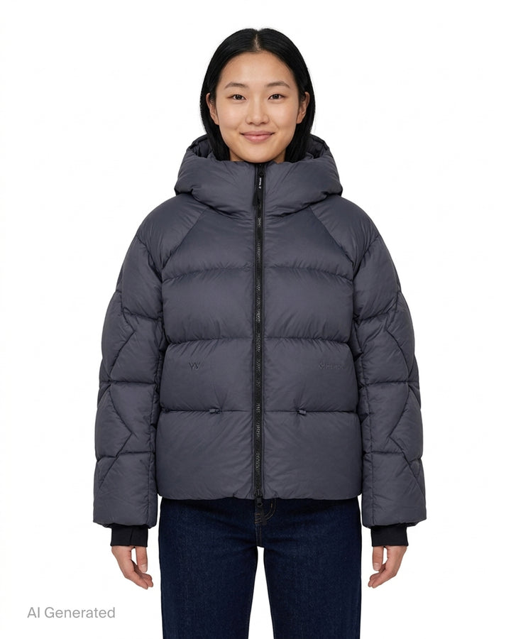 Open YY x Helinox Eclipse Heavy hooded puffer jacket in slate grey with star-quilted sleeves, two-way front zip and hem toggles - front