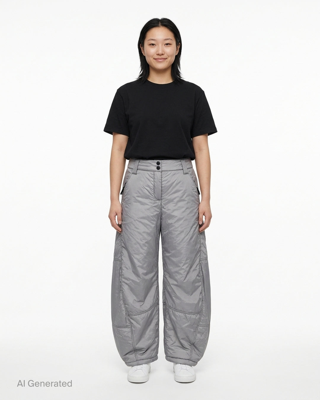 Open YY x Helinox grey padded pants with a quilted finish, barrel leg silhouette and zip pockets, shown from the front - front