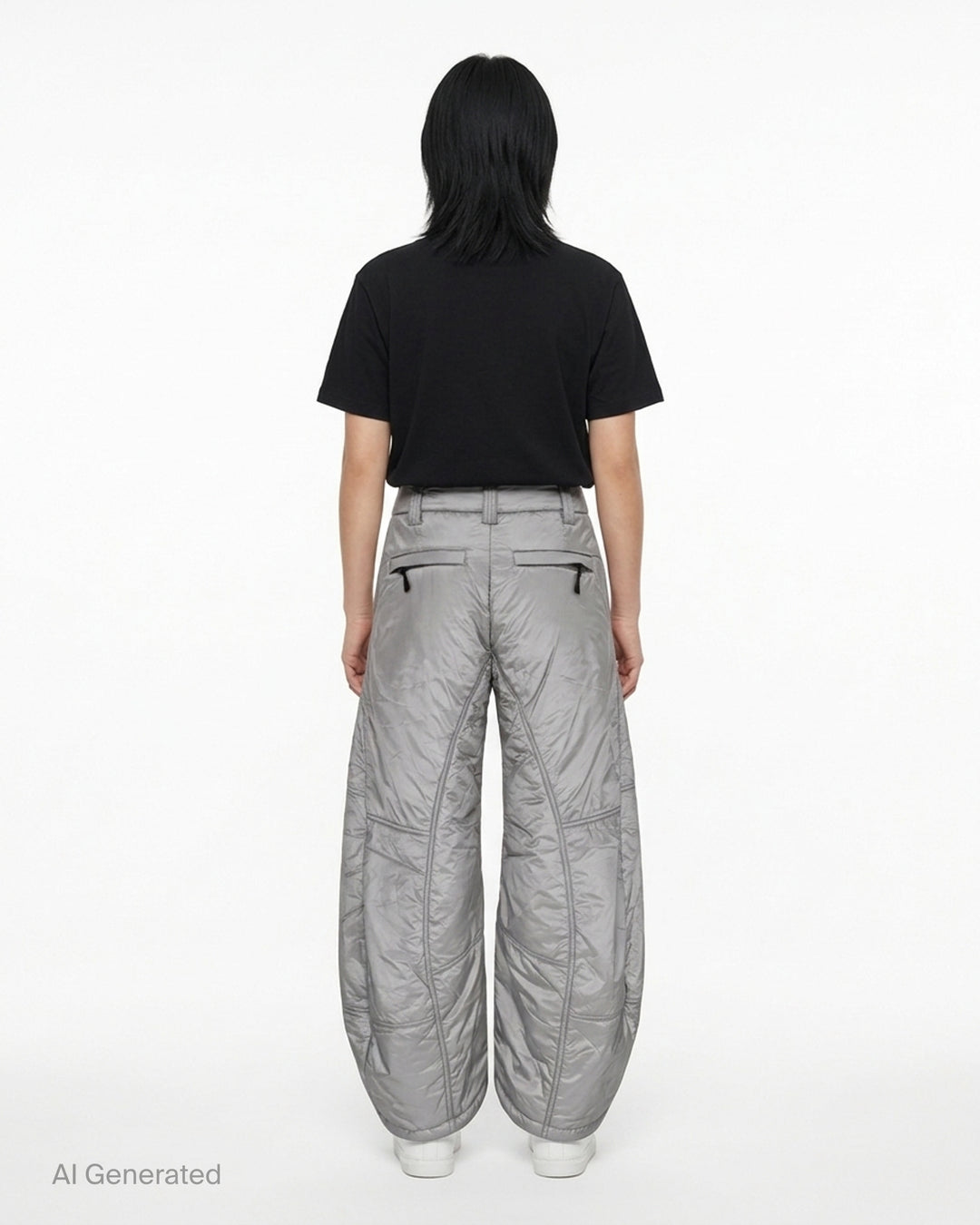 Open YY x Helinox grey padded pants with a quilted finish, barrel leg silhouette and zip pockets, shown from the front - back