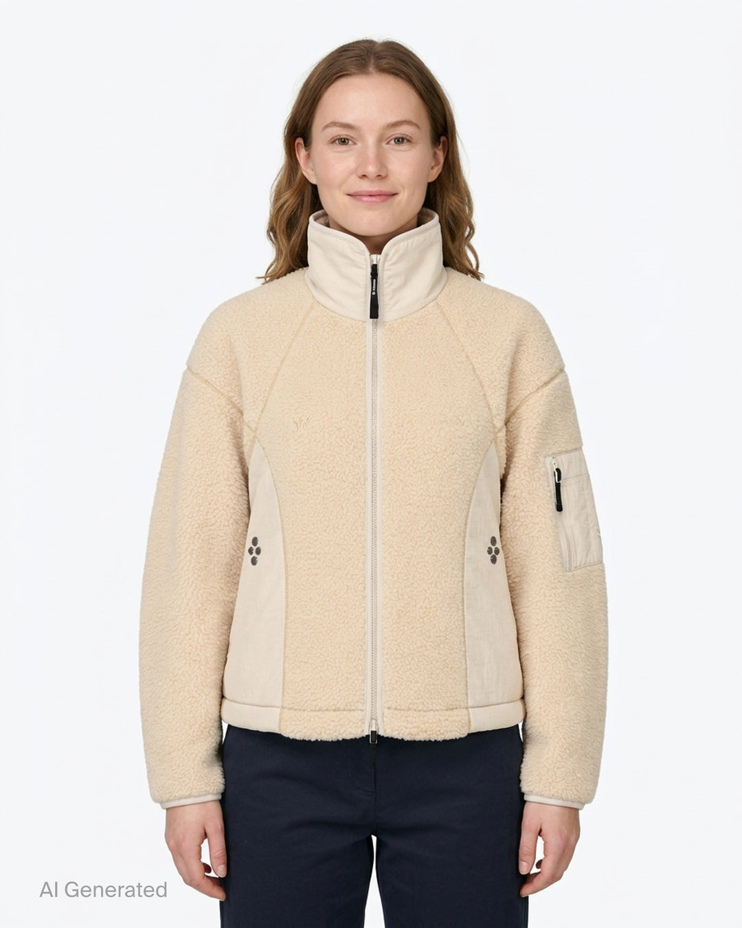 Open YY x Helinox cream sherpa fleece jacket with nylon side panels, stand collar, two-way zip and sleeve utility pocket - front