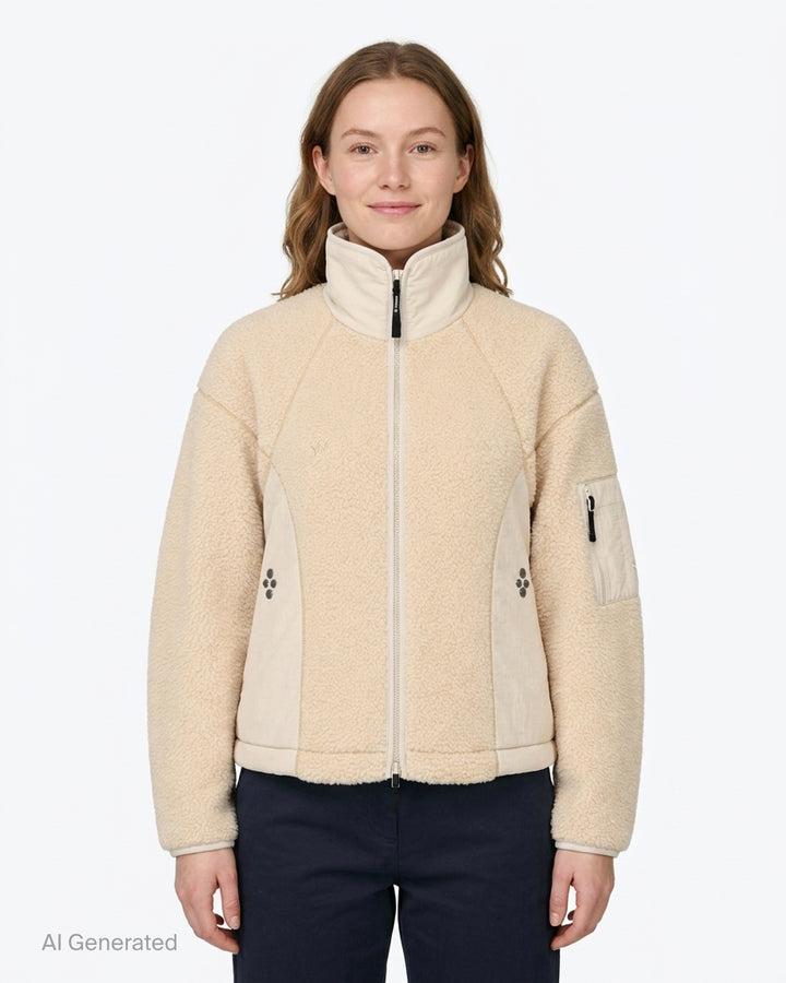 Open YY x Helinox cream sherpa fleece jacket with nylon side panels, stand collar, two-way zip and sleeve utility pocket - front