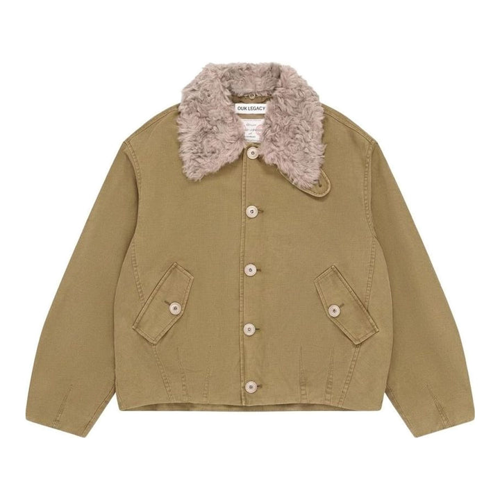 Our Legacy Aerial blouson jacket in olive-khaki cotton with a detachable plush collar, button front and flap pockets - packshot