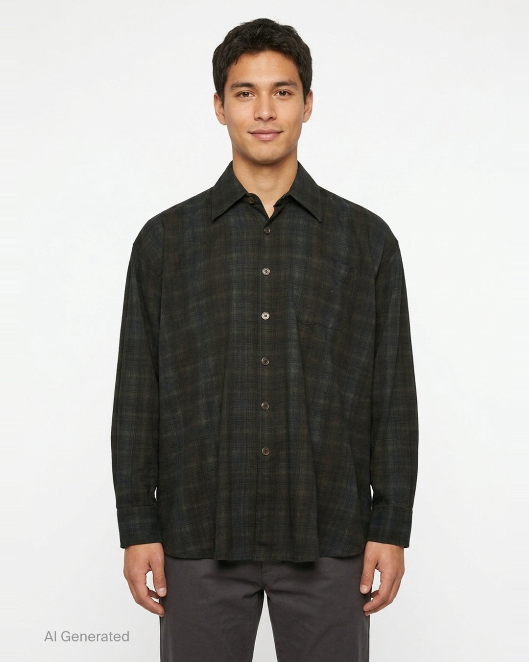 Our Legacy Borrowed Long Sleeve Shirt in dark shadow plaid check with button-front placket, point collar, and chest patch pocket - front