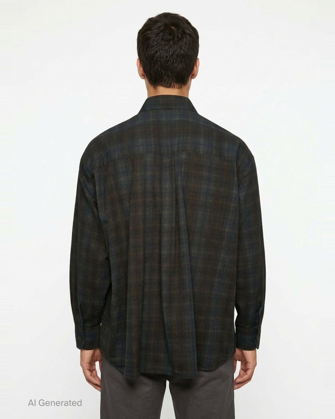 Our Legacy Borrowed Long Sleeve Shirt in dark shadow plaid check with button-front placket, point collar, and chest patch pocket - back