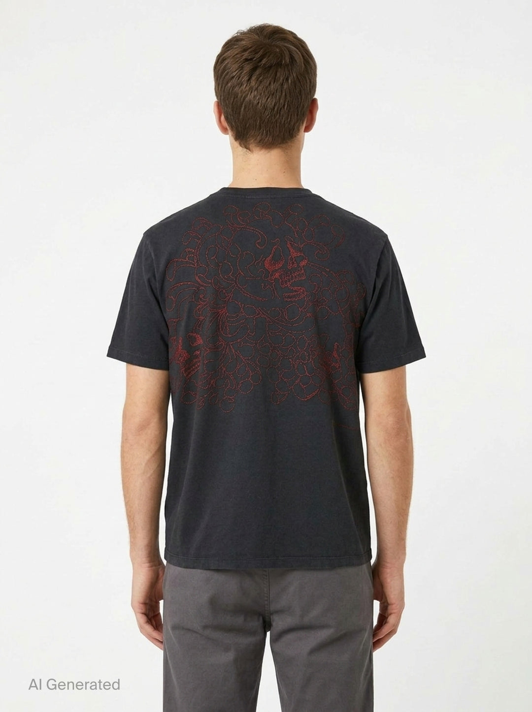 Our Legacy Box Short Sleeve Tee in washed navy with contrast red shoulder tape and woven brand label at the back neck, displayed front-facing on a white background - back