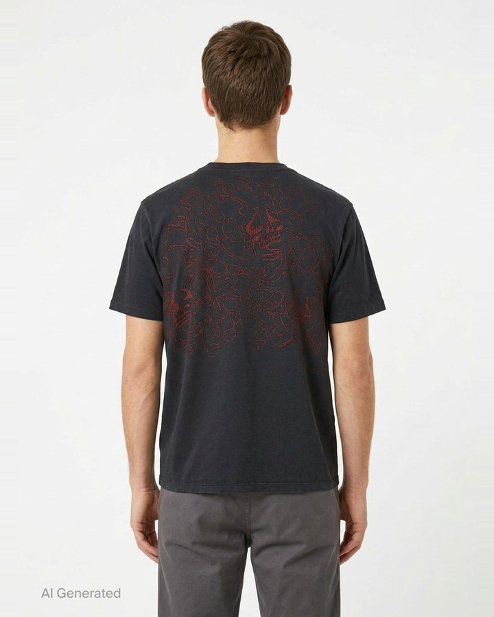 Our Legacy Box Short Sleeve Tee in washed navy with contrast red shoulder tape and woven brand label at the back neck, displayed front-facing on a white background - back