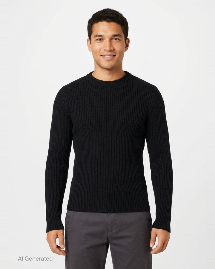 Our Legacy Compact Round Neck ribbed knit sweater in black with mock neck collar and long sleeves, front view on white background - front