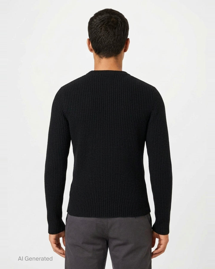 Our Legacy Compact Round Neck ribbed knit sweater in black with mock neck collar and long sleeves, front view on white background - back