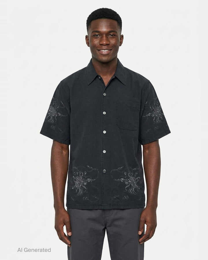 Our Legacy Every Short Sleeve Shirt in washed black with tonal floral embroidery on both sleeves and lower hem, featuring a boxy fit and pearlescent button fastening - front