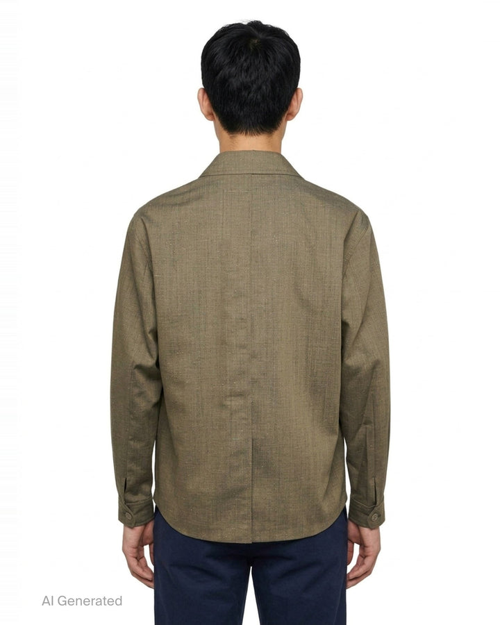 Our Legacy Pack Blazer in olive melange fabric with open camp collar, concealed front closure, and hip patch pocket — front view - back