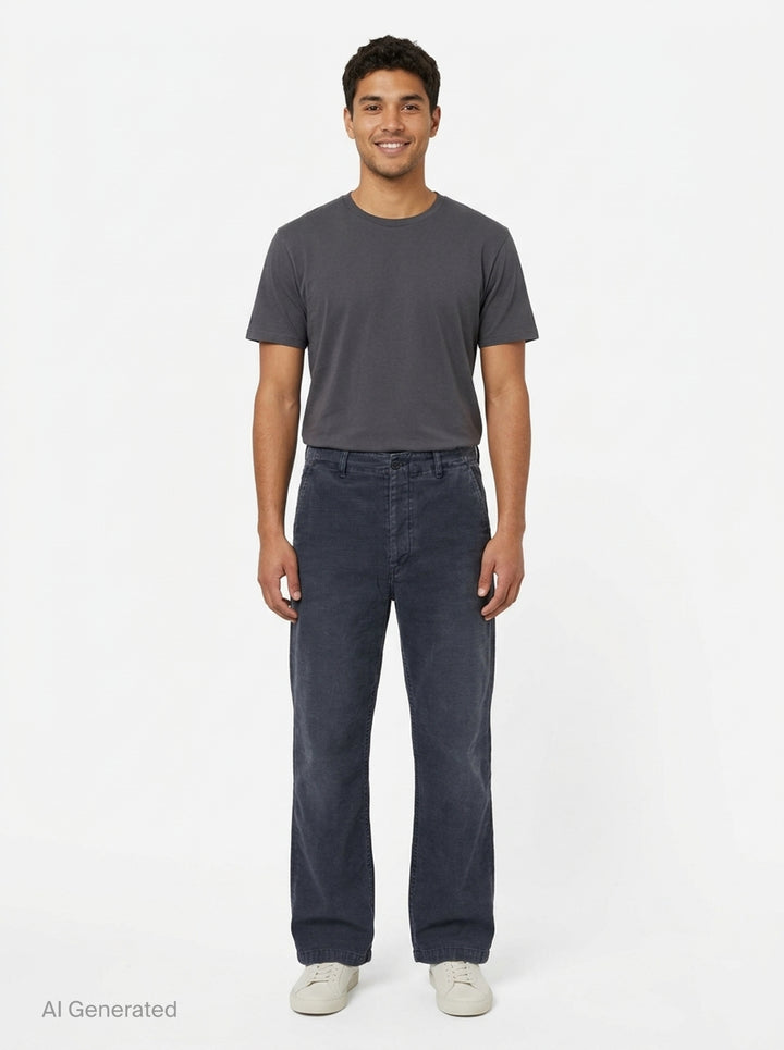 Our Legacy Rig Chino Pants in washed navy fine-wale corduroy, shown flat with a wide-leg silhouette and button fly closure - front