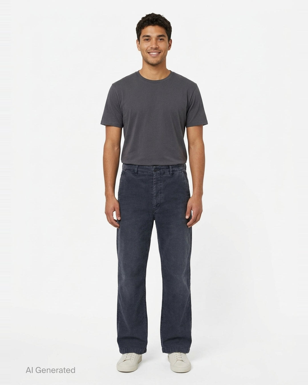 Our Legacy Rig Chino Pants in washed navy fine-wale corduroy, shown flat with a wide-leg silhouette and button fly closure - front