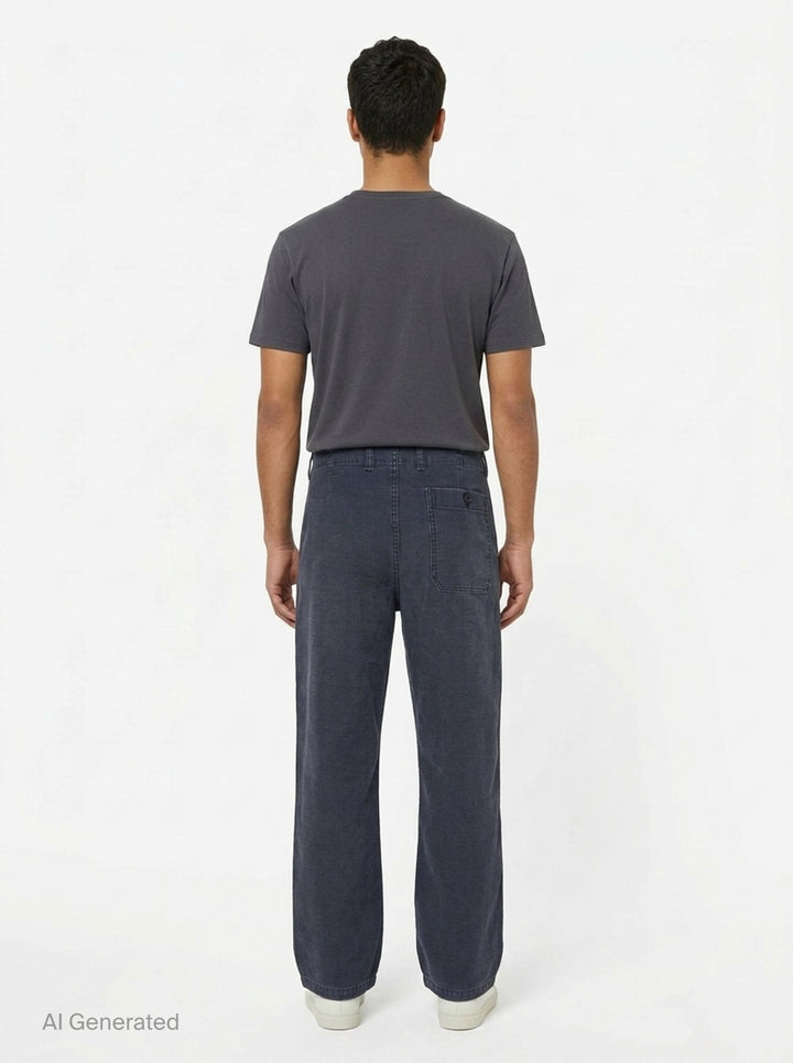 Our Legacy Rig Chino Pants in washed navy fine-wale corduroy, shown flat with a wide-leg silhouette and button fly closure - back