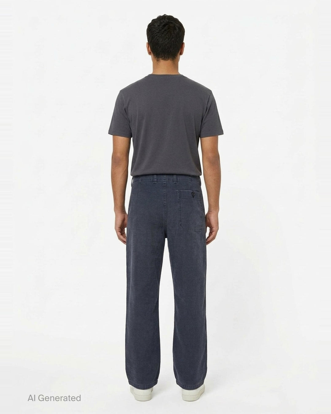 Our Legacy Rig Chino Pants in washed navy fine-wale corduroy, shown flat with a wide-leg silhouette and button fly closure - back