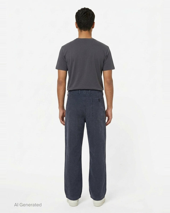 Our Legacy Rig Chino Pants in washed navy fine-wale corduroy, shown flat with a wide-leg silhouette and button fly closure - back