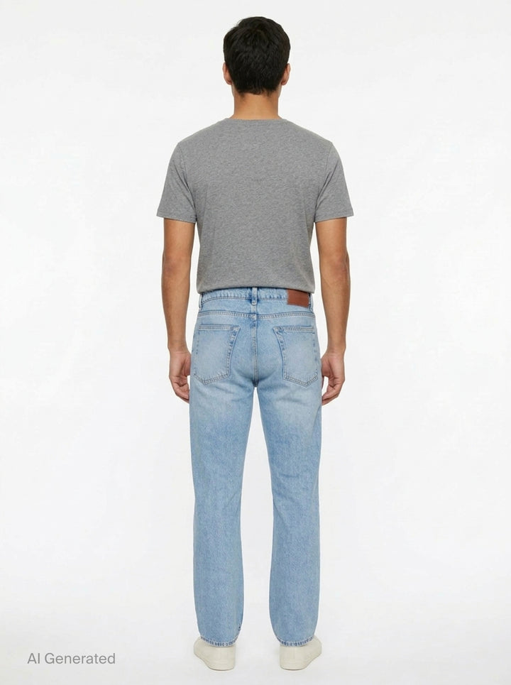 Our Legacy Slate Cut Jeans in light blue stonewash, relaxed straight-leg silhouette with five-pocket construction and vintage-style fading, front view on white background - back