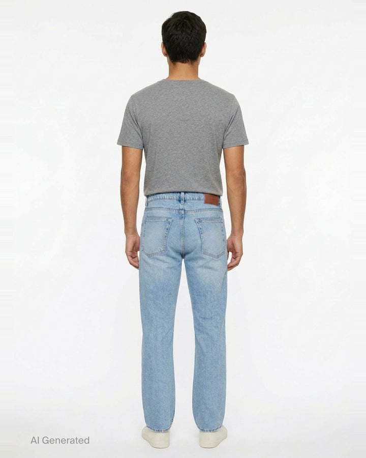 Our Legacy Slate Cut Jeans in light blue stonewash, relaxed straight-leg silhouette with five-pocket construction and vintage-style fading, front view on white background - back